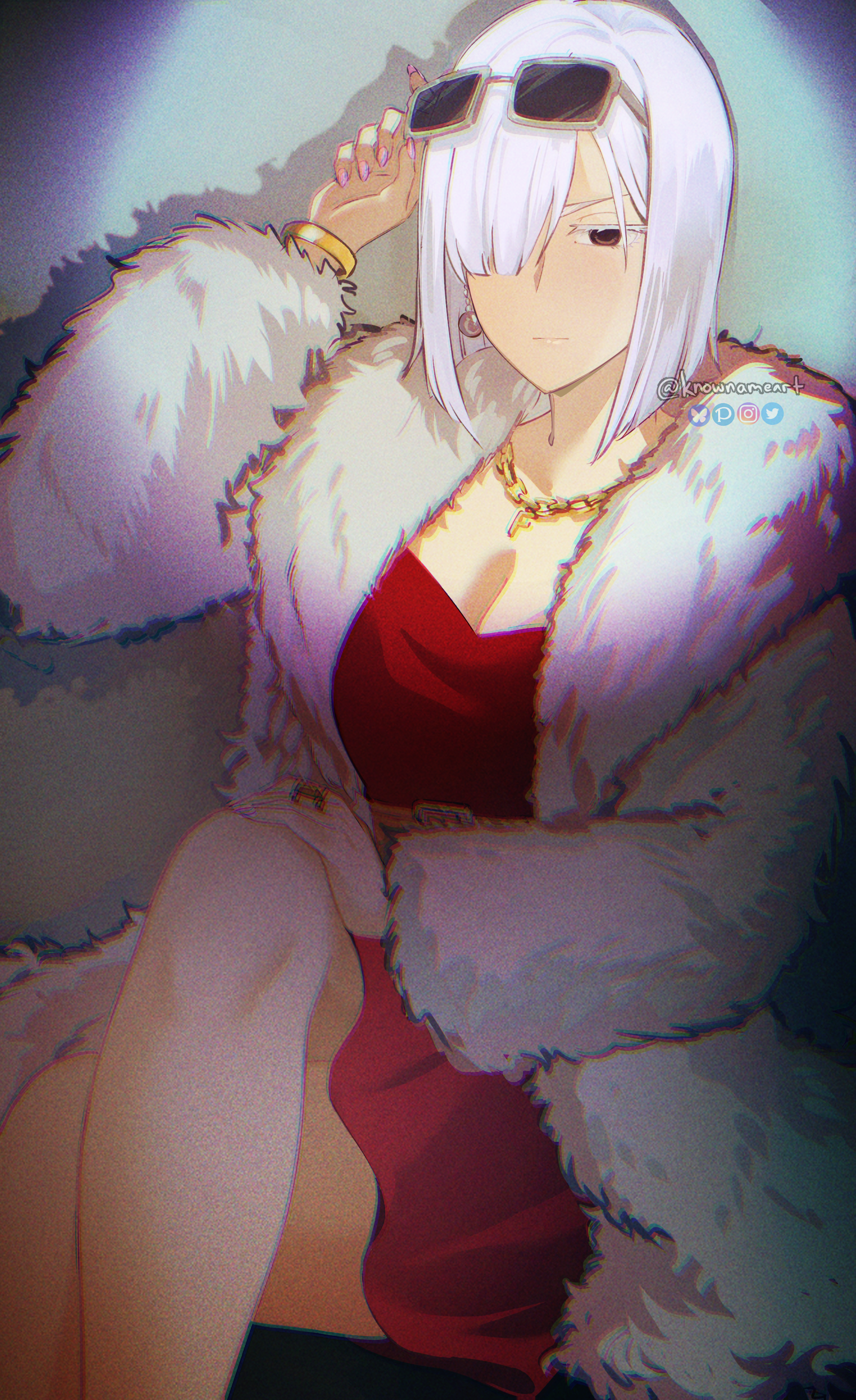 knowname, fiona frost, spy x family, absurdres, commentary request, highres, mixed-language commentary, partial commentary, 1girl, bracelet, breasts, brown eyes, cleavage, closed mouth, coat, crossed legs, dress, expressionless, eyewear on head, feet out of frame, fingernails, fur coat, gold bracelet, hand on own knee, hand up, jewelry, large breasts, long fingernails, looking at viewer, medium hair, nail polish, necklace, pink nails, red dress, simple background, sitting, solo, spotlight, sunglasses, white coat, white hair