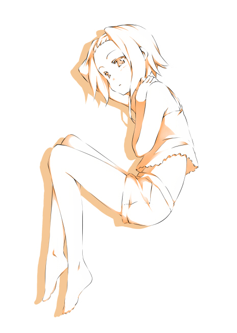 hamao, tainaka ritsu, k-on!, 00s, 1girl, bare legs, bare shoulders, barefoot, bored, camisole, feet, female focus, fetal position, forehead, full body, lying, monochrome, plantar flexion, short shorts, shorts, simple background, solo, tomboy