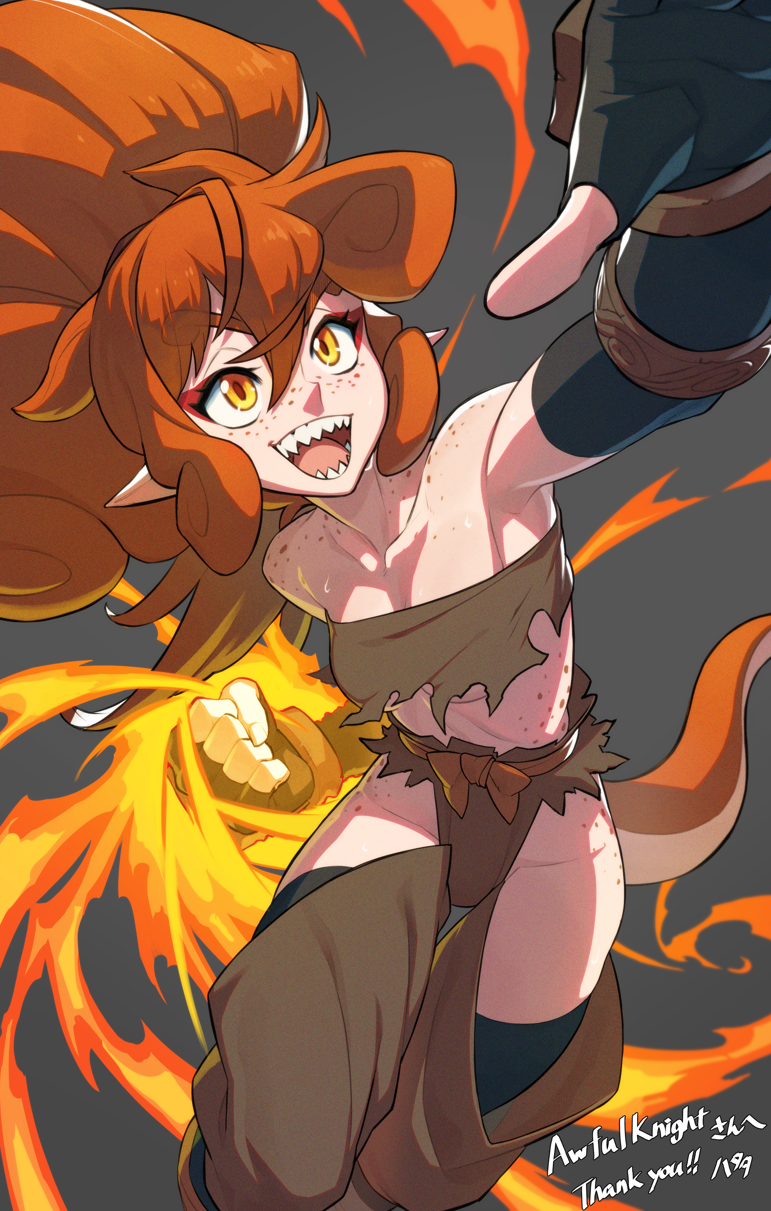 hata4564, wonhan (nisego), original, absurdres, commission, highres, skeb commission, :d, bandeau, belt, belt bow, black gloves, black thighhighs, breasts, brown bandeau, brown belt, brown pants, clothing cutout, elbow gloves, eyeshadow, fingerless gloves, flaming hand, freckles, gloves, grey background, hair between eyes, hip vent, long hair, makeup, open mouth, orange eyes, orange hair, pants, pointy ears, ponytail, punching, red eyeshadow, sharp teeth, sidelocks, simple background, small breasts, smile, teeth, thighhighs, underboob