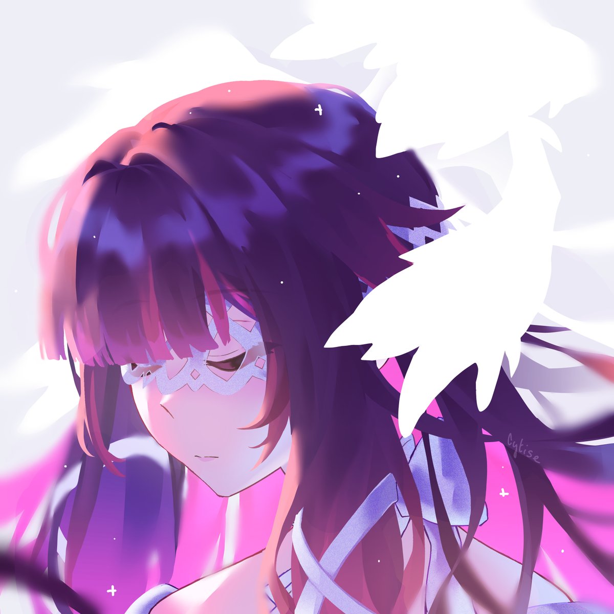 cytise, columbina (genshin impact), genshin impact, highres, 1girl, black hair, blunt bangs, closed eyes, closed mouth, colored inner hair, eye mask, grey background, head wings, long hair, mask, multicolored hair, multiple wings, portrait, purple hair, solo, white mask, white wings, wings