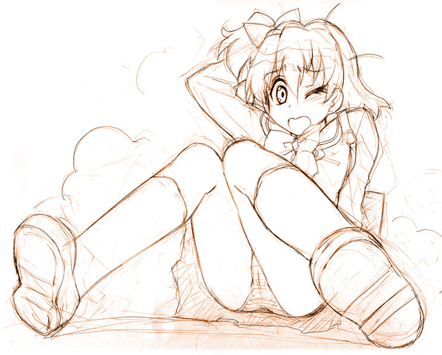 akata itsuki, yamabuki inori, fresh precure!, precure, 00s, monochrome, panties, pantyshot, school uniform, serafuku, sketch, solo, underwear