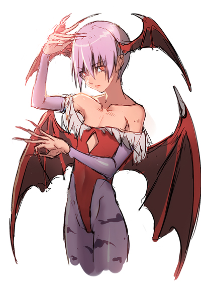 hifumi chiyoko, lilith (darkstalkers), capcom, darkstalkers, bad id, bad pixiv id, 1girl, animal print, bare shoulders, bat print, bat wings, demon girl, detached sleeves, elbow gloves, female focus, fingernails, flat chest, gloves, head wings, highleg, highleg leotard, leotard, nail (hardware), pantyhose, print pantyhose, purple hair, red eyes, red leotard, short hair, solo, wings