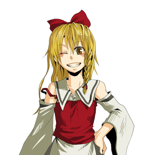 kyouno, hakurei reimu, kirisame marisa, rerisa (kyouno), touhou, 1girl, female focus, if they mated, one eye closed, smile, solo, wink