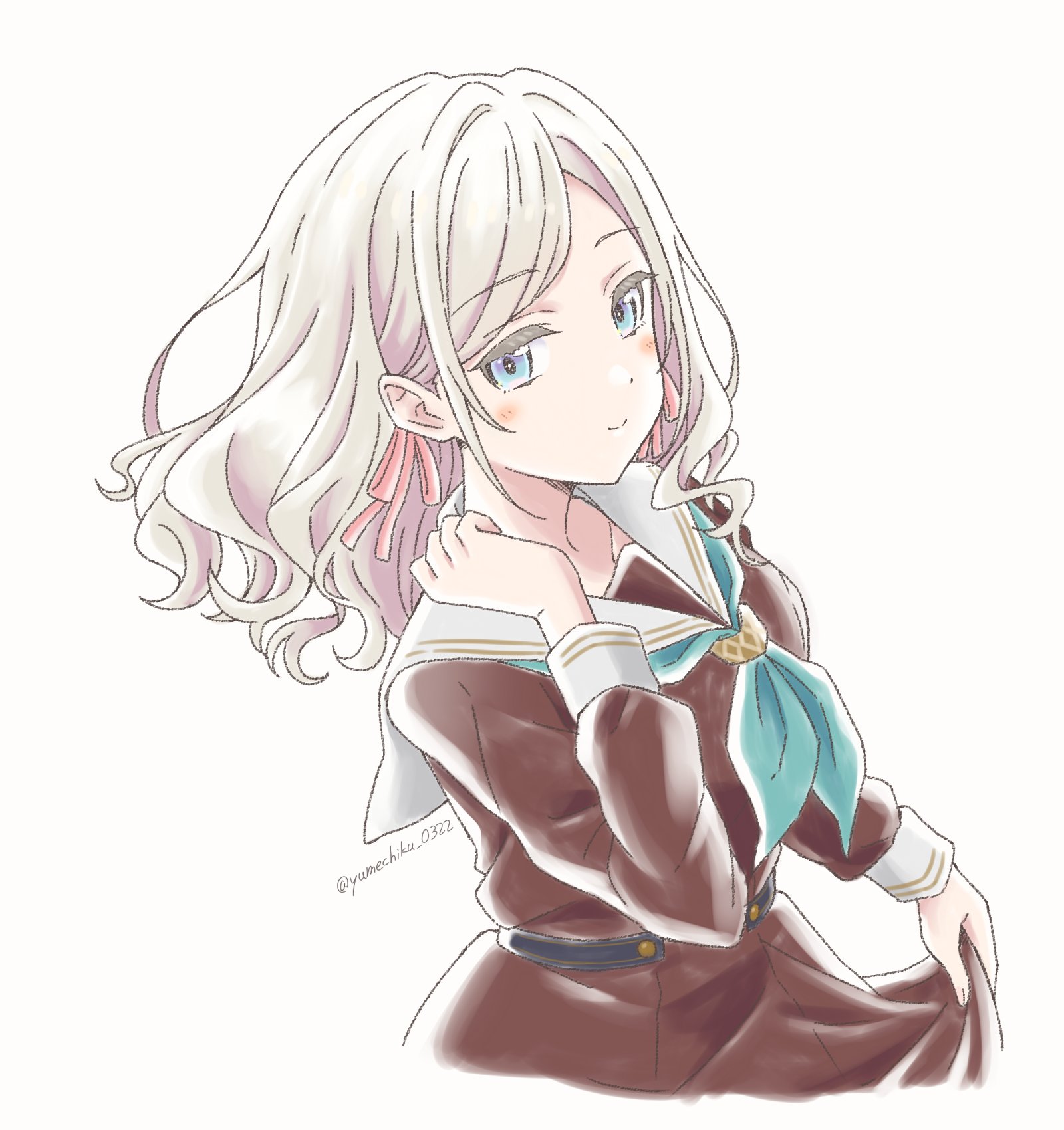 yumechiku, ceras yanagida lilienfeld, link! like! love live!, love live!, commentary, highres, 1girl, aqua neckerchief, blush, brown dress, closed mouth, collarbone, cowboy shot, dress, grey hair, hair intakes, hair ribbon, hasu no sora school uniform, long hair, long sleeves, looking at viewer, neckerchief, pink ribbon, ribbon, sailor collar, sailor dress, school uniform, skirt hold, smile, solo, split mouth, twitter username, virtual youtuber, wavy hair, white sailor collar, winter uniform