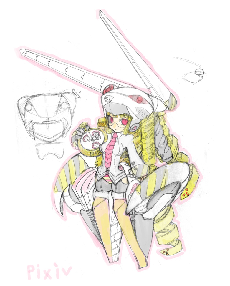 yu-ji tanaka, blonde hair, drill hair, glasses, long hair, mecha, mecha musume, panties, pocket watch, red eyes, robot, sketch, solo, striped clothes, striped panties, underwear, watch