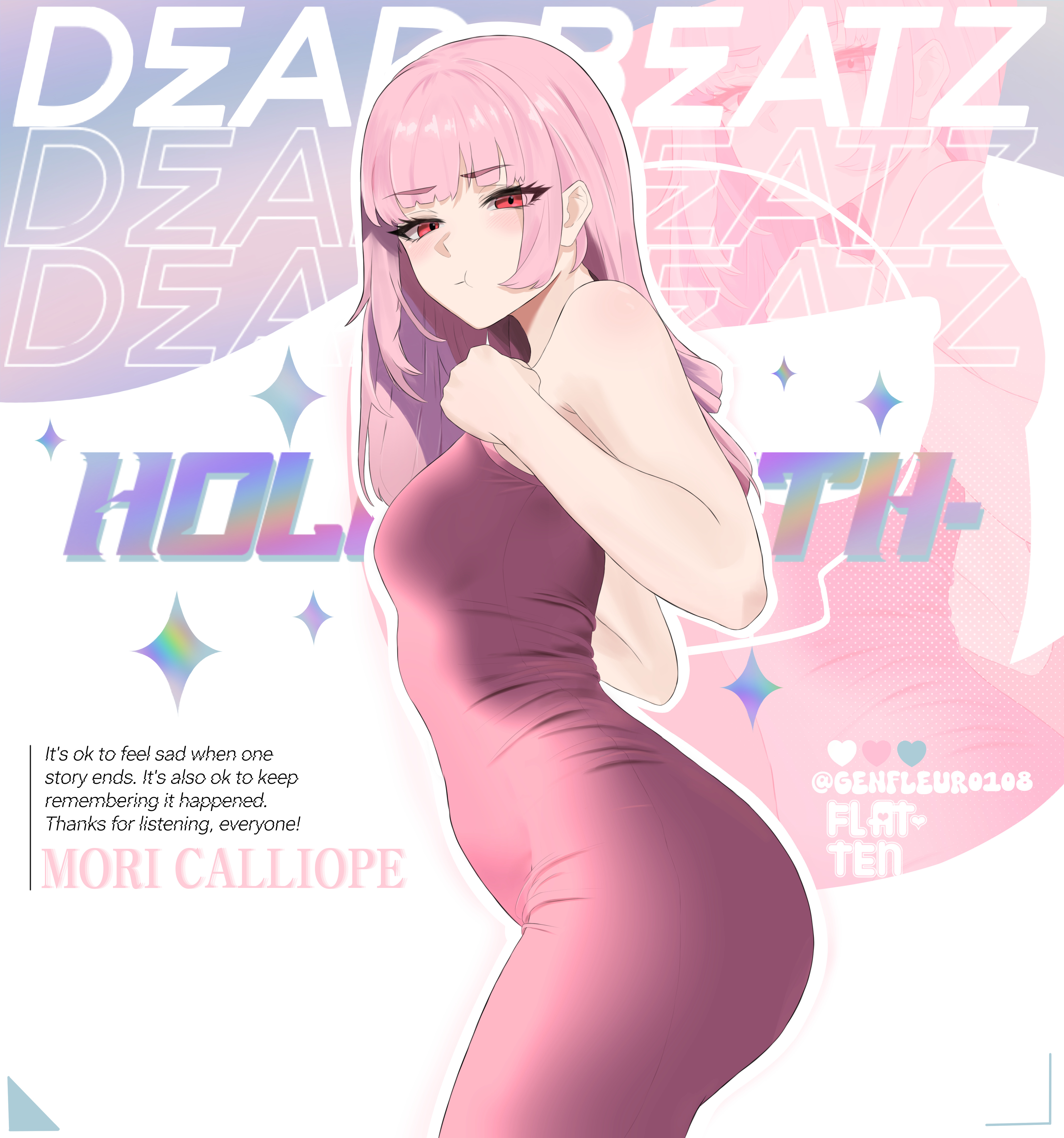 gen.fleur, mori calliope, hololive, hololive english, absurdres, commentary, english commentary, highres, 1girl, alternate breast size (smaller), alternate costume, bare arms, breasts, character name, clenched hand, closed mouth, dress, english text, hands up, long hair, looking at viewer, outline, pink dress, pink eyes, pink hair, pout, small breasts, solo, virtual youtuber, white outline