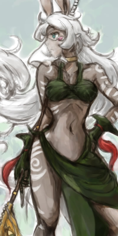 ilovewas, unko (ilovewas), final fantasy, final fantasy tactics a2, final fantasy tactics advance, 1girl, animal ears, bare shoulders, bodypaint, breasts, choker, curly hair, elementalist, female focus, frown, gloves, green hair, large breasts, legs, long hair, midriff, navel, rabbit ears, skirt, solo, staff, standing, veil, very long hair, viera, wavy hair, white hair