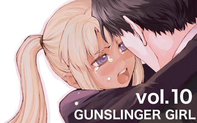 aida yuu, triela, victor hillshire, gunslinger girl, 00s, 1boy, 1girl, black hair, blonde hair, blue eyes, dark skin, short twintails, tears, twintails