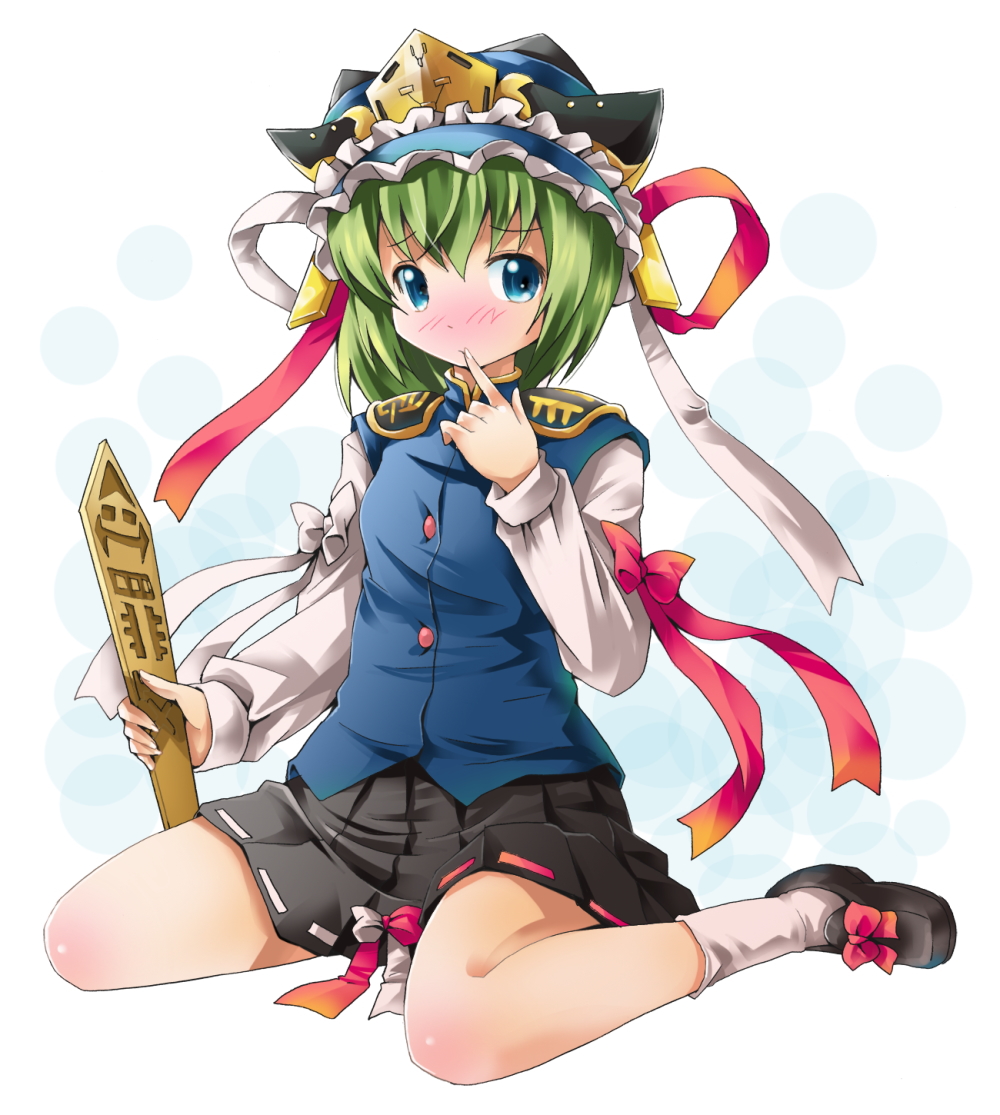 michii yuuki, shiki eiki, touhou, bad id, bad pixiv id, 1girl, blue eyes, blush, female focus, full body, green hair, hat, rod of remorse, short hair, sitting, solo, white background