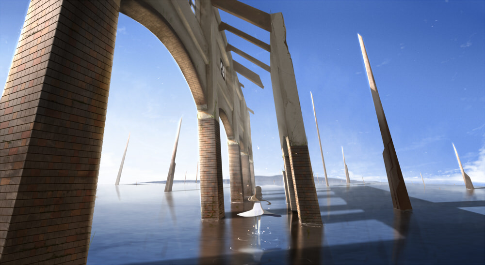 nabana, original, 1girl, arch, architecture, brown hair, dress, fantasy, female focus, from behind, horizon, long hair, pillar, ruins, scenery, solo, walking, water, white dress