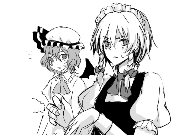 harano, izayoi sakuya, remilia scarlet, touhou, 2girls, ^^^, braid, female focus, frills, greyscale, hat, looking at viewer, maid headdress, mob cap, monochrome, multiple girls, puffy short sleeves, puffy sleeves, short sleeves, simple background, sweatdrop, twin braids, white background, wrist cuffs