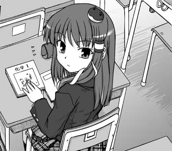 tsuyadashi shuuji, kochiya sanae, touhou, lowres, 1girl, alternate costume, desk, female focus, greyscale, indoors, monochrome, school uniform, skirt, solo