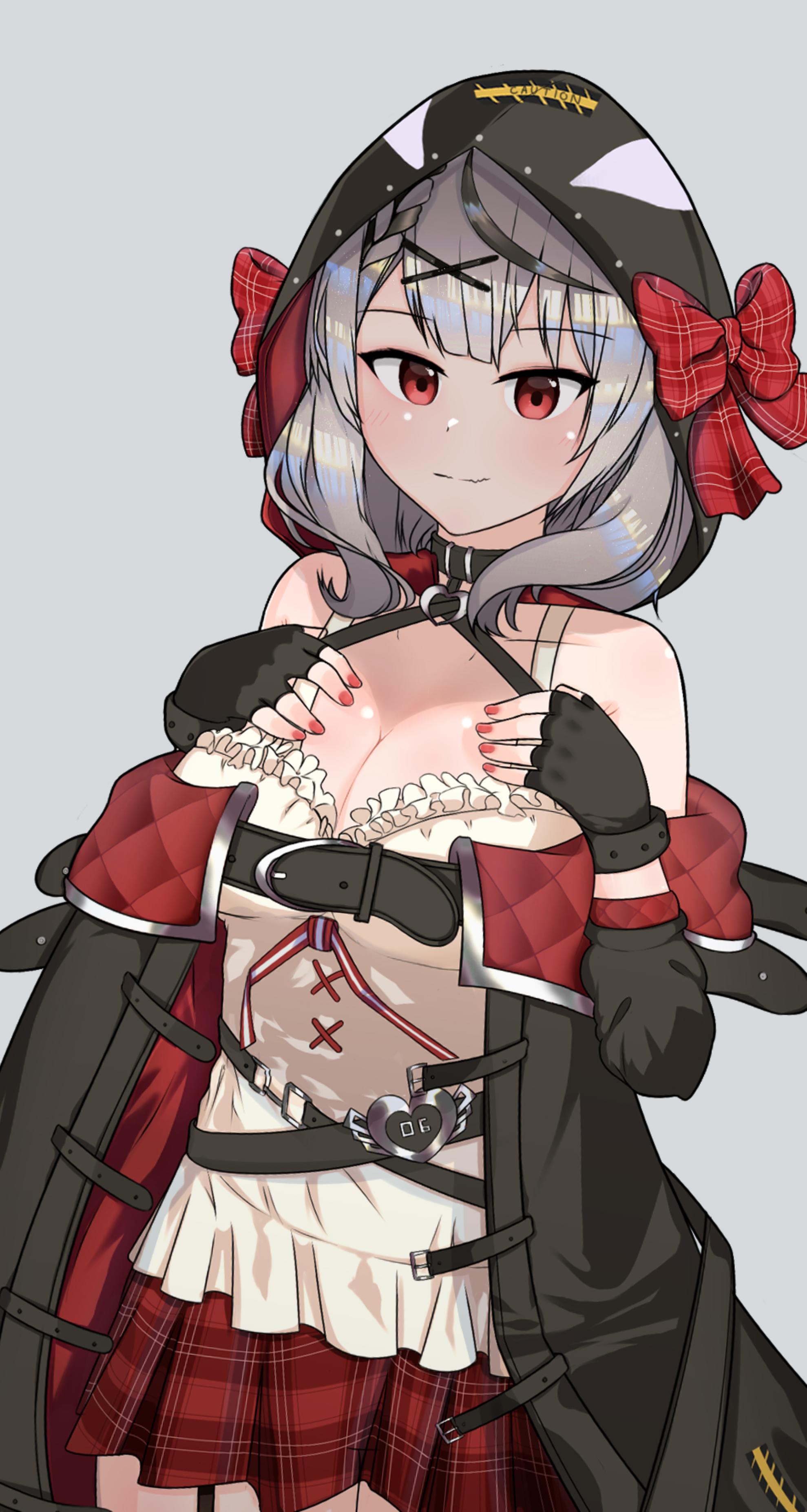 spookm, sakamata chloe, hololive, absurdres, highres, 1girl, bare shoulders, belt, belt buckle, bow, braid, breasts, buckle, caution tape, cleavage, collarbone, fingerless gloves, garter straps, gloves, grey background, grey hair, hair ornament, hairclip, halterneck, hands on own chest, hands up, hood, large breasts, looking at viewer, off-shoulder jacket, off shoulder, plaid clothes, plaid skirt, red eyes, shoker, sidelocks, simple background, skirt, smile, solo, standing, thighs
