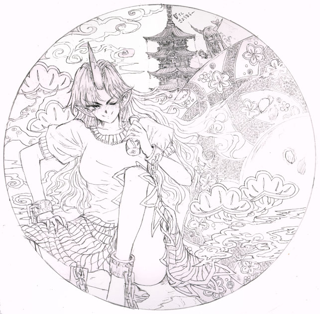 tsurui, hoshiguma yuugi, ibuki suika, touhou, graphite (medium), traditional media, 2girls, alcohol, barefoot, chain, circle, cuffs, female focus, horns, long hair, monochrome, multiple girls, one eye closed, pagoda, pink theme, pointy ears, sake, single horn, sitting, smile