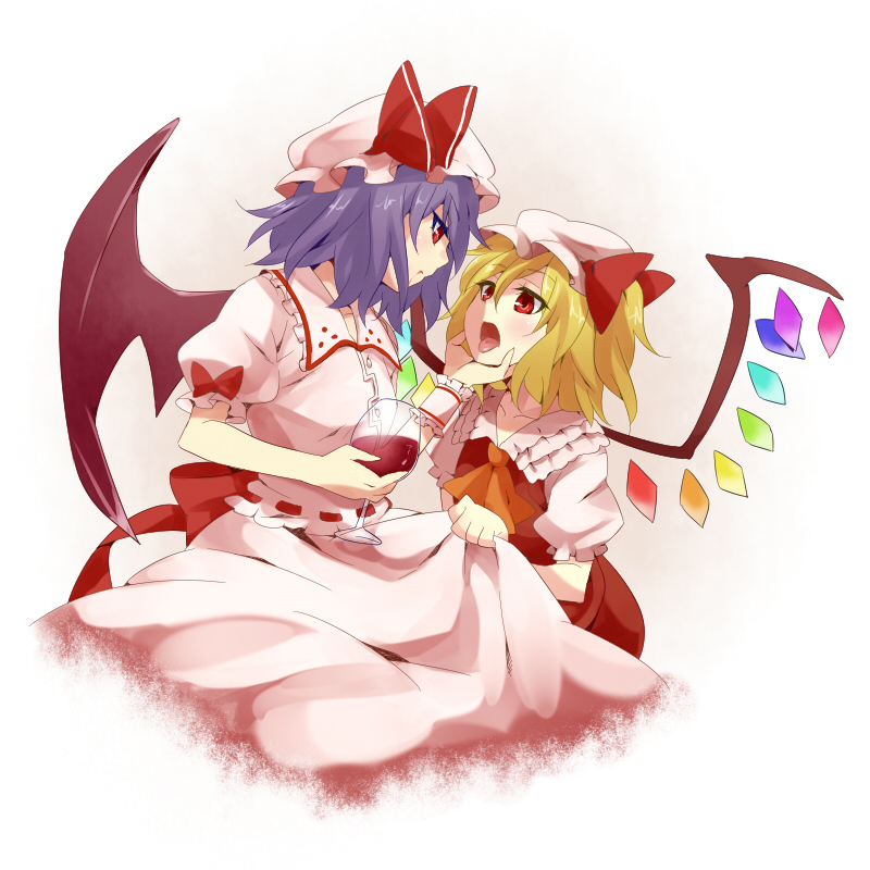 kiji (manekinuko-tei), flandre scarlet, remilia scarlet, touhou, 2girls, alcohol, bat wings, blonde hair, blue hair, cupping glass, female focus, hat, multiple girls, open mouth, purple hair, red eyes, short hair, siblings, sisters, wine, wings