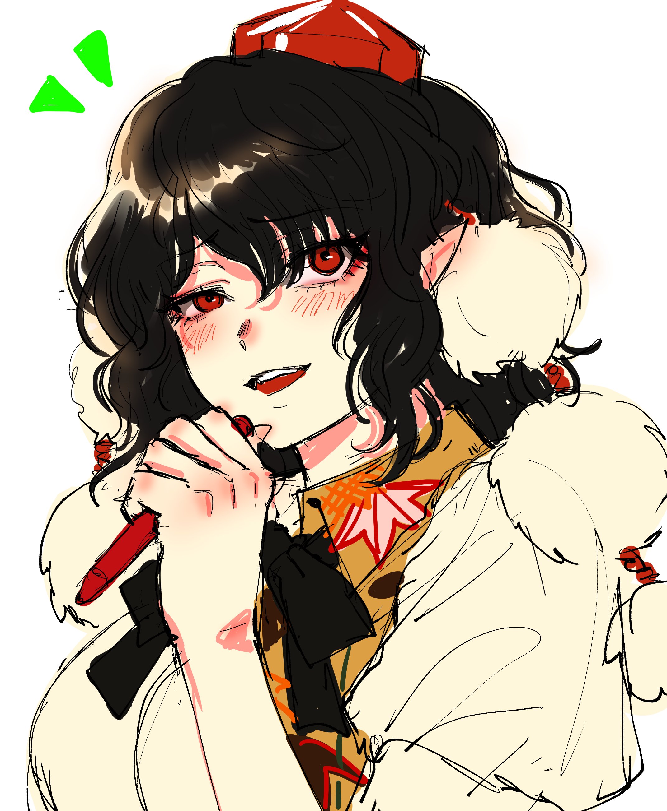 kuya (hey36253625), shameimaru aya, touhou, absurdres, highres, 1girl, black bow, black bowtie, black hair, bow, bowtie, hat, holding, holding pen, leaf print, pen, pointy ears, pom pom (clothes), red eyes, red hat, shirt, smile, tokin hat, white background, white shirt