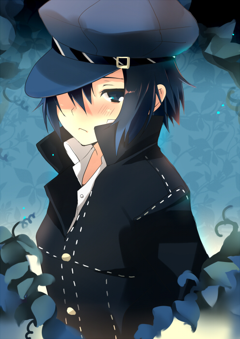 taira tsukune, shirogane naoto, atlus, persona, persona 4, 1girl, androgynous, blue eyes, blue hair, blue theme, blush, female focus, hat, matching hair/eyes, newsboy cap, reverse trap, solo