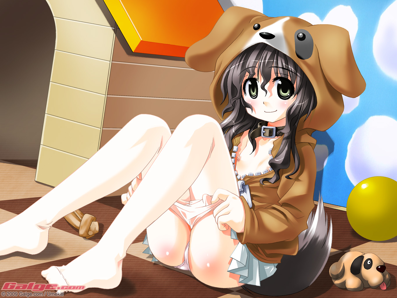 umekichi, galge.com, 1girl, 2009, animal costume, ball, black hair, clothes pull, collar, feet, female focus, flat chest, green eyes, nipples, panties, panty pull, pantyhose, pantyhose pull, solo, tail, underwear