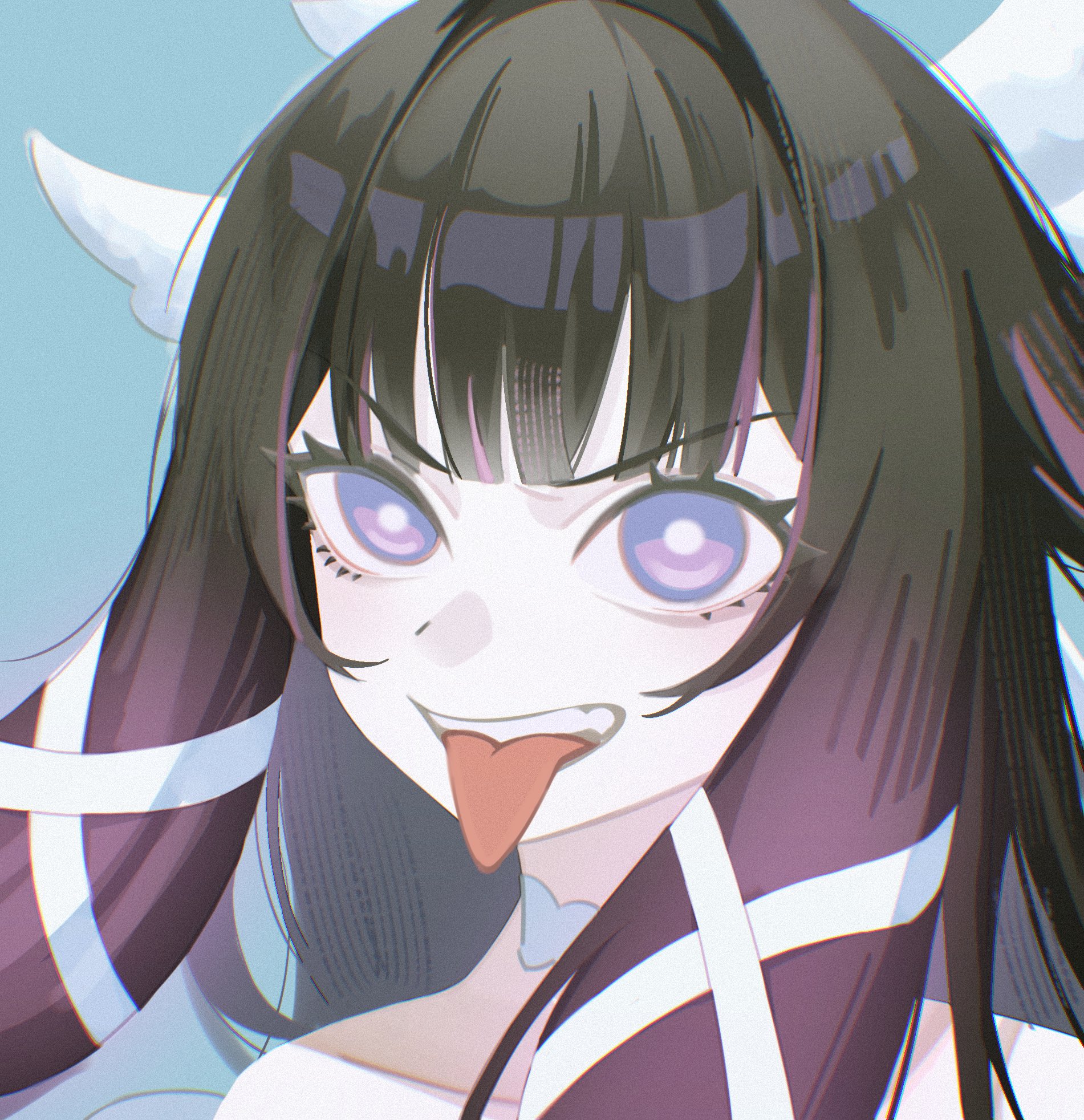 big itachi, columbina (genshin impact), genshin impact, highres, 1girl, black hair, gradient hair, hair ornament, head wings, long hair, looking at viewer, multicolored hair, purple eyes, purple hair, solo, tongue, tongue out, very long hair, wings