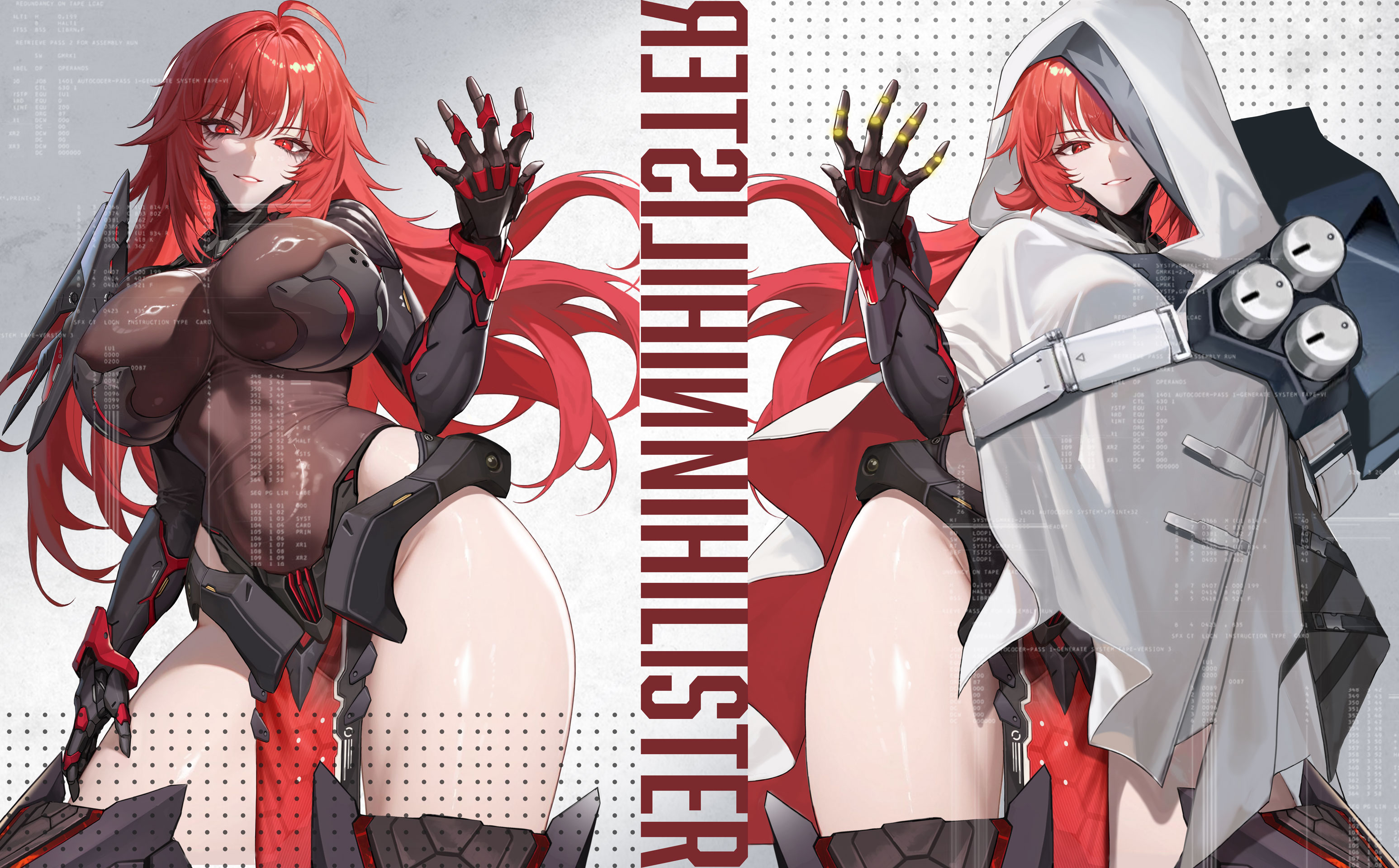 dramz, nihilister (nikke), goddess of victory: nikke, commentary, commentary request, english commentary, highres, mixed-language commentary, 1girl, arm armor, armor, armored bodysuit, armored boots, armored leotard, before and after, black armor, boots, leotard, nihilister (rebuilt) (nikke), official alternate costume, official artist extra, red hair, see-through cleavage, see-through clothes, smile, solo
