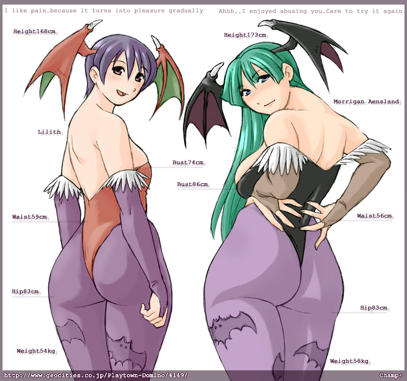 champ+, lilith (darkstalkers), morrigan aensland, capcom, darkstalkers, print legwear, 2girls, animal print, ass, back, backless leotard, bad anatomy, bare back, bare shoulders, bat print, bat wings, breasts, curvy, demon girl, detached sleeves, elbow gloves, english text, engrish text, gloves, green eyes, green hair, head wings, hip focus, huge ass, large breasts, leotard, long hair, looking back, measurements, multiple girls, panties, pantyhose, plump, poorly drawn, purple hair, ranguage, red eyes, red leotard, short hair, sideboob, thong, thong leotard, underwear, wide hips, wings