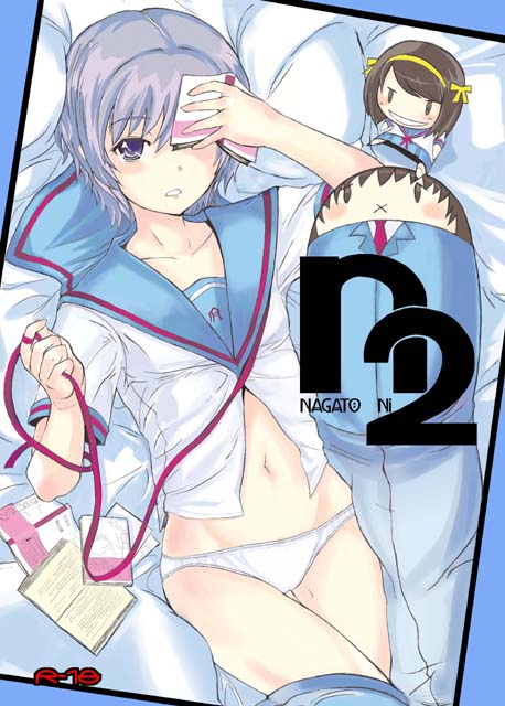 papercrown, yat, nagato yuki, suzumiya haruhi, suzumiya haruhi no yuuutsu, 00s, 1girl, character doll, doll, female focus, no pants, panties, school uniform, serafuku, solo, underwear