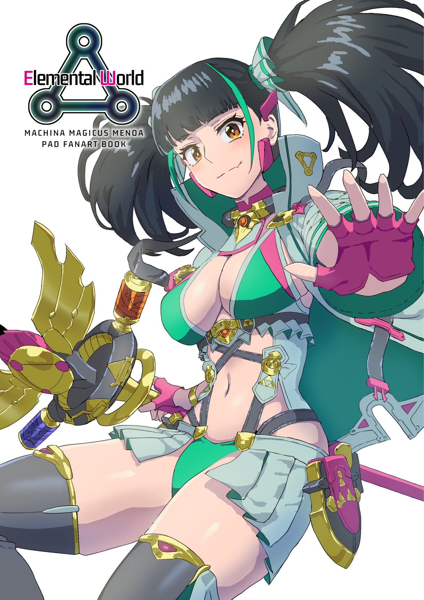 puzzle & dragons, highres, 1girl, aja illust, black hair, breasts, cleavage, cover, cover page, fingerless gloves, gloves, hair ribbon, large breasts, menoa (p&d), multicolored hair, orange eyes, ribbon, simple background, solo, streaked hair, thighs, twintails, white background
