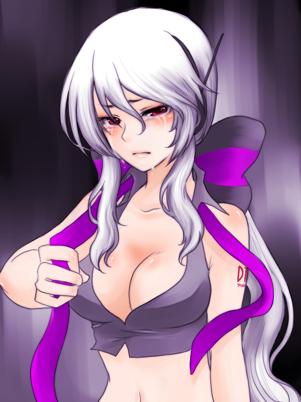 nez-doll, yowane haku, vocaloid, silver hair, bad id, bad pixiv id, 1girl, ahoge, blouse, breasts, cleavage, detached sleeves, female focus, gradient background, grey shirt, headphones, large breasts, long hair, midriff, necktie, ponytail, red eyes, ribbon, shirt, solo, tears, undressing