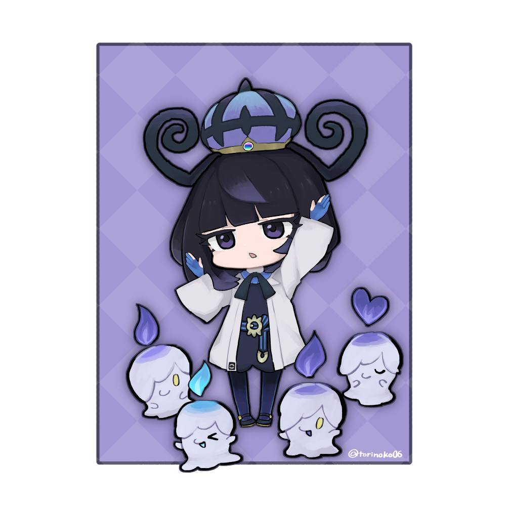 gwynn (pokemon), litwick, nintendo, pokemon, pokemon legends: z-a, 1girl, :o, arm up, belt, belt buckle, black dress, black hair, black pantyhose, black shoes, blue gloves, blunt bangs, bob cut, border, buckle, chibi, chibi only, coat, dress, eyelashes, full body, gen 5 pokemon, gloves, hat, long sleeves, looking at viewer, o-ring, o-ring belt, open clothes, open coat, open mouth, outside border, pantyhose, partially fingerless gloves, pokemon (creature), purple background, purple eyes, shoes, short hair, standing, torinoko06, twitter username, white border, white coat