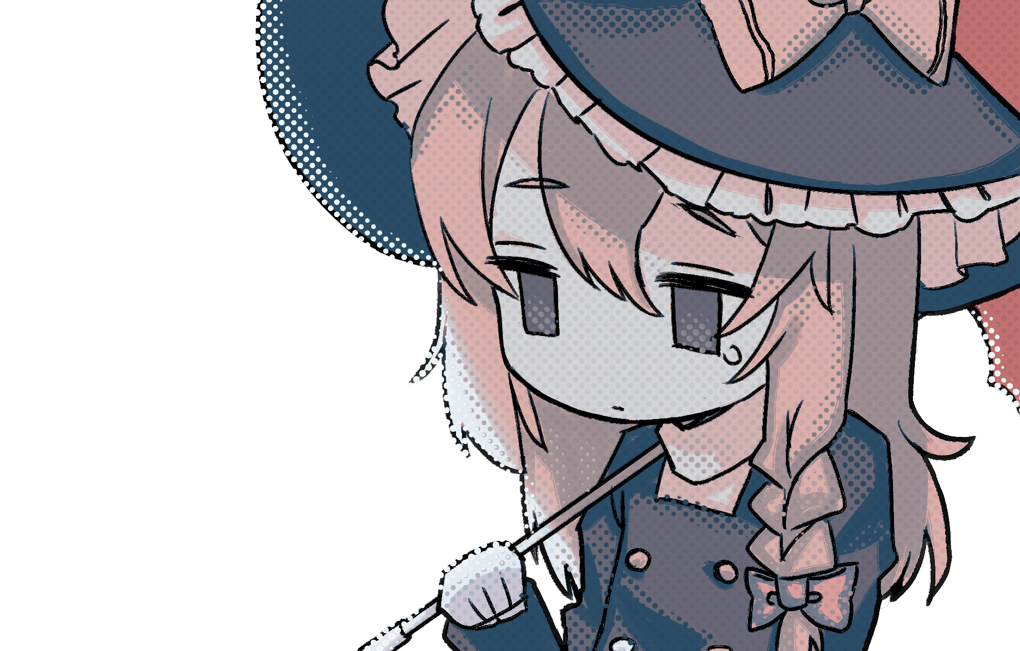 melanin shikiso, kirisame marisa, rei (cookie), cookie (touhou), touhou, commentary request, highres, 1girl, braid, brown theme, buttons, closed mouth, empty eyes, expressionless, frilled hat, frills, halftone, hat, holding, holding umbrella, long hair, monochrome, muted color, side braid, simple background, single braid, solo, umbrella, upper body, white background, witch hat