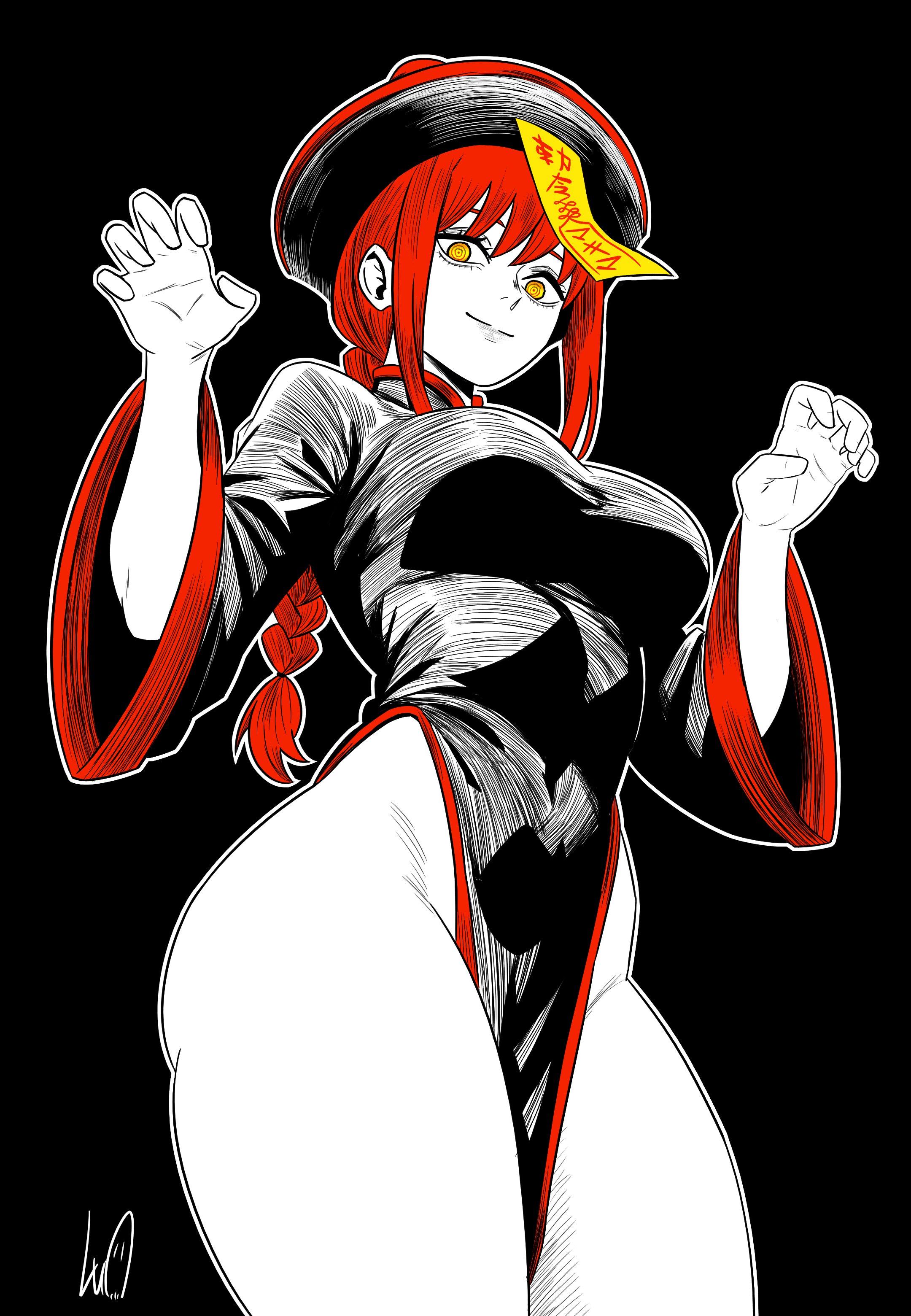 lughost, makima (chainsaw man), chainsaw man, absurdres, highres, 1girl, braid, braided ponytail, breasts, chinese clothes, closed mouth, coin hair ornament, hair ornament, hat, hat ornament, jiangshi, jiangshi costume, large breasts, long hair, long sleeves, looking at viewer, medium breasts, medium hair, ofuda, ofuda on head, outstretched arms, qingdai guanmao, red hair, ringed eyes, sidelocks, skirt, smile, solo, star (symbol), star hat ornament, yellow eyes, zombie pose