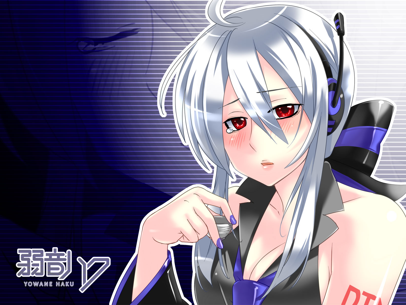 caffein, yowane haku, vocaloid, silver hair, highres, 1girl, ahoge, blouse, breasts, cleavage, female focus, grey shirt, headphones, nail polish, ponytail, purple nails, red eyes, ribbon, shirt, solo, tears