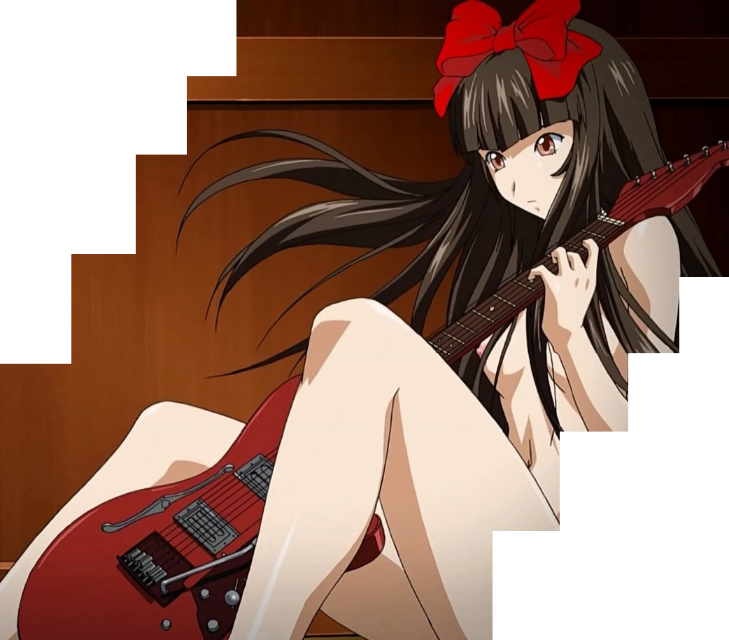 ten'i (ikkitousen), ikkitousen, anime screenshot, stitched, third-party edit, 00s, 1girl, black hair, bow, breasts, brown eyes, female focus, flat chest, guitar, hair bow, instrument, long hair, long legs, nipples, nude, sitting, solo