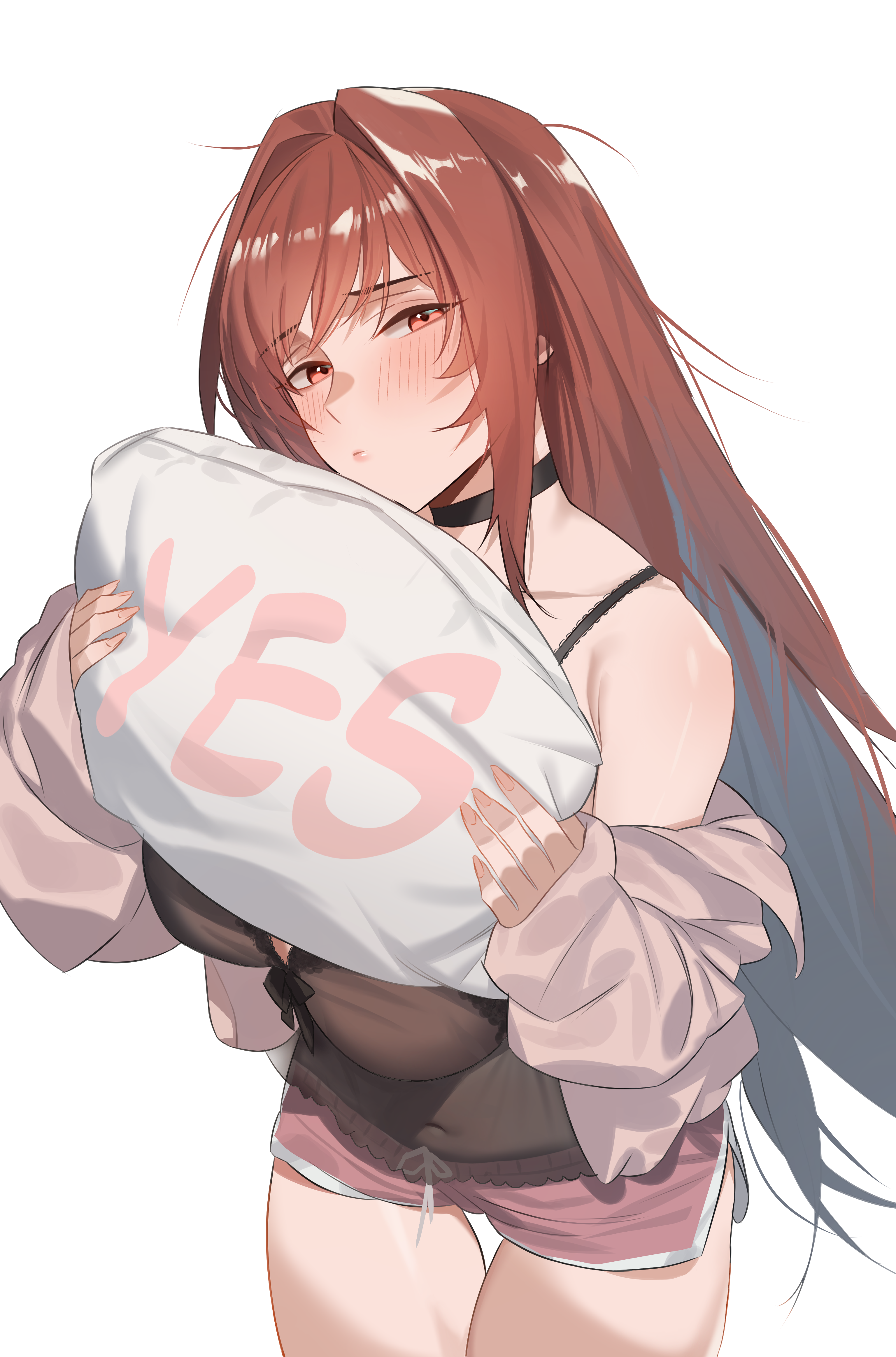 twentytwo (twenty zwei), rapi (nikke), rapi (red hood) (cherished red) (nikke), rapi (red hood) (nikke), goddess of victory: nikke, absurdres, commentary, english commentary, highres, 1girl, black nightgown, english text, holding, holding pillow, nightgown, official alternate design, official alternate hair color, pillow, simple background, sleepwear, solo, white background, yes-no pillow