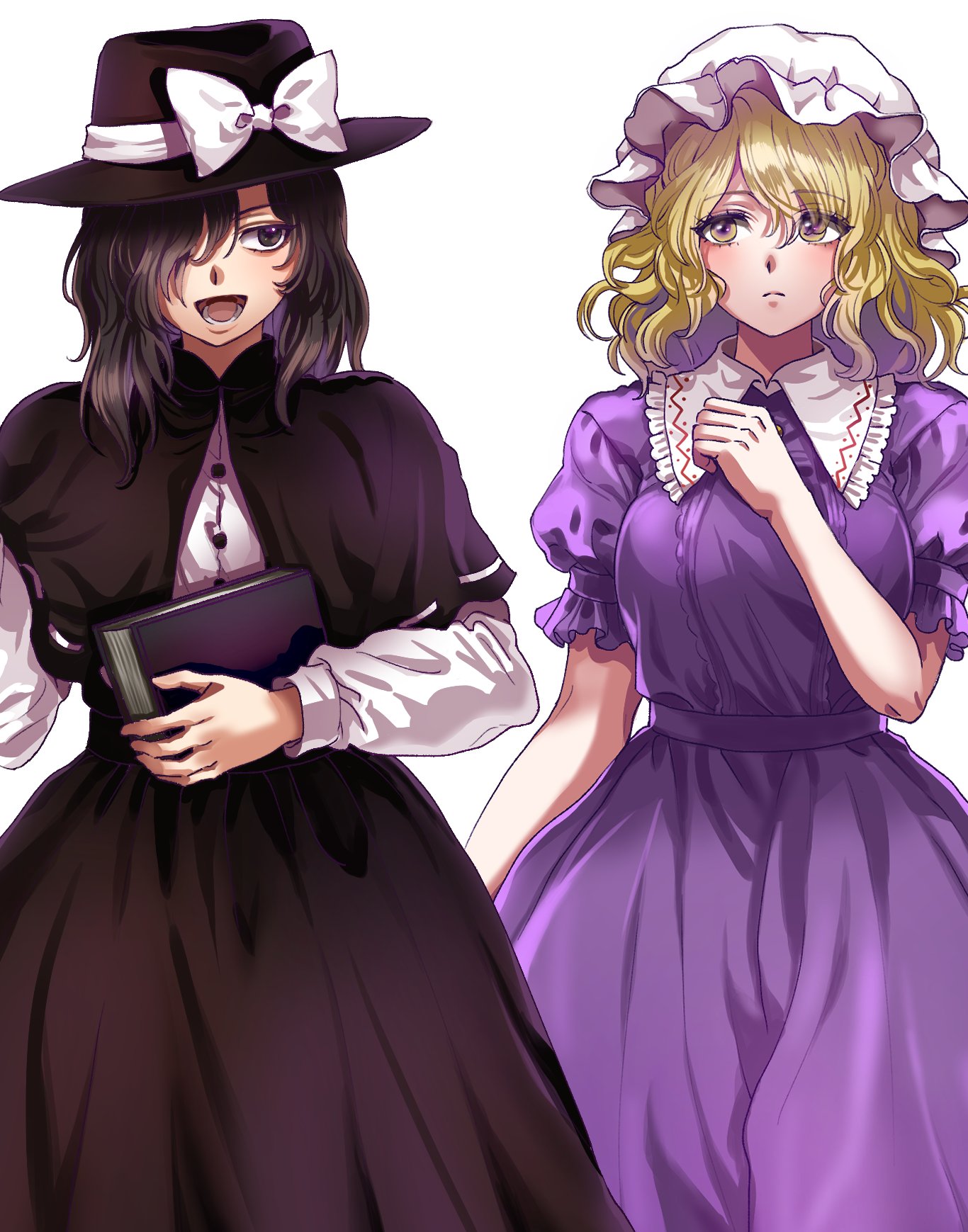 kuya (hey36253625), maribel hearn, usami renko, touhou, highres, 2girls, black capelet, black skirt, blonde hair, book, brown eyes, brown hair, capelet, dress, fedora, hair over one eye, hat, hat ribbon, holding, holding book, mob cap, multiple girls, puffy short sleeves, puffy sleeves, purple dress, ribbon, shirt, short sleeves, skirt, white background, white hat, white ribbon, white shirt, yellow eyes