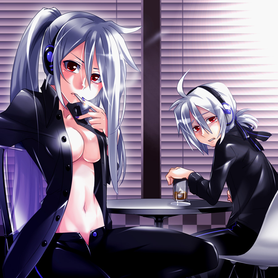 caffein, honne dell, yowane haku, vocaloid, silver hair, gender request, 1boy, 1girl, ahoge, alcohol, breasts, cigarette, cleavage, cosplay, costume switch, diner, genderswap, headphones, honne dell (cosplay), honne deruko, midriff, nail polish, navel, open clothes, open shirt, ponytail, purple nails, red eyes, restaurant, ribbon, shirt, smoking, tears, yowane haku (cosplay), yowane hakuo