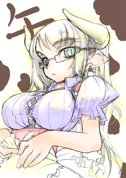 yu-ji tanaka, original, 1girl, :<, animal ears, breasts, cow ears, earrings, female focus, glasses, green eyes, horns, jewelry, large breasts, solo
