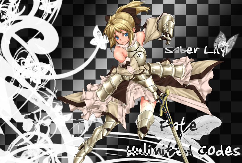 rokuichi, artoria pendragon (fate), saber (fate), saber lily, capcom, fate/stay night, fate/unlimited codes, fate (series), 00s, 1girl, armor, armored dress, blonde hair, blue eyes, dress, faulds, female focus, ponytail, solo, sword, weapon