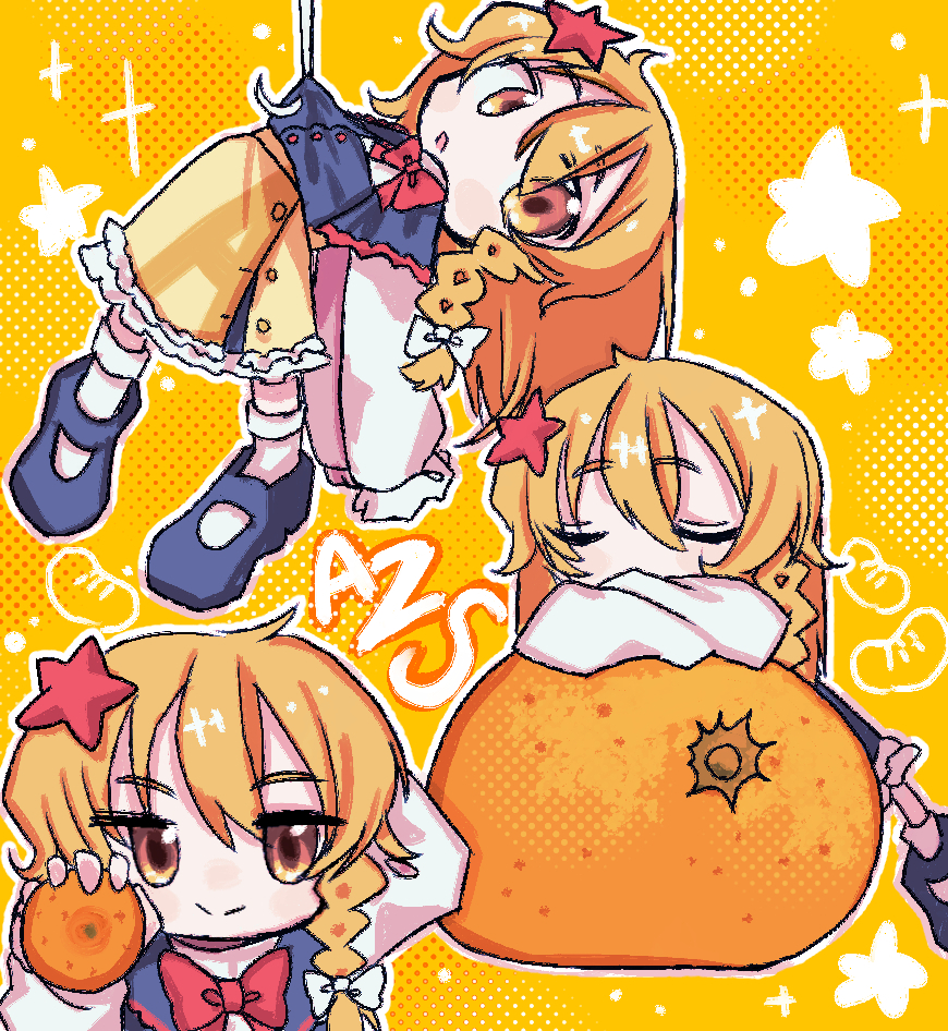 melanin shikiso, azusa (cookie), kirisame marisa, cookie (touhou), touhou, commentary request, 1girl, black shoes, black skirt, blonde hair, bow, bowtie, character name, closed eyes, closed mouth, food, frilled skirt, frills, fruit, full body, hair ornament, long hair, long sleeves, looking at viewer, mandarin orange, mary janes, multiple views, orange background, orange eyes, red bow, red bowtie, red star, shirt, shoes, skirt, smile, socks, split mouth, star (symbol), star hair ornament, white bow, white shirt, white socks
