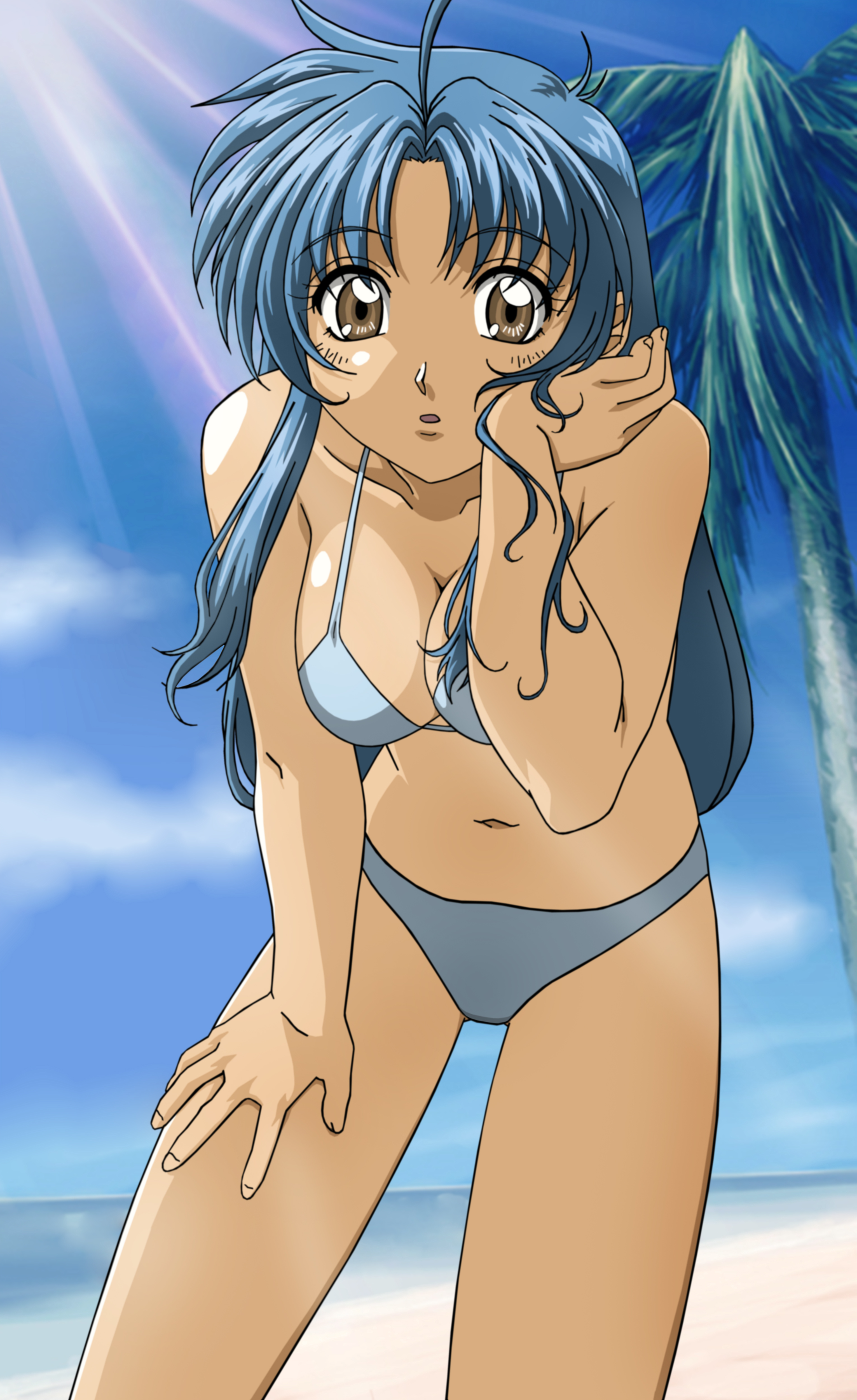 chidori kaname, full metal panic!, absurdres, highres, third-party edit, 00s, 1girl, beach, bikini, blue hair, brown eyes, day, female focus, leaning forward, outdoors, solo, swimsuit