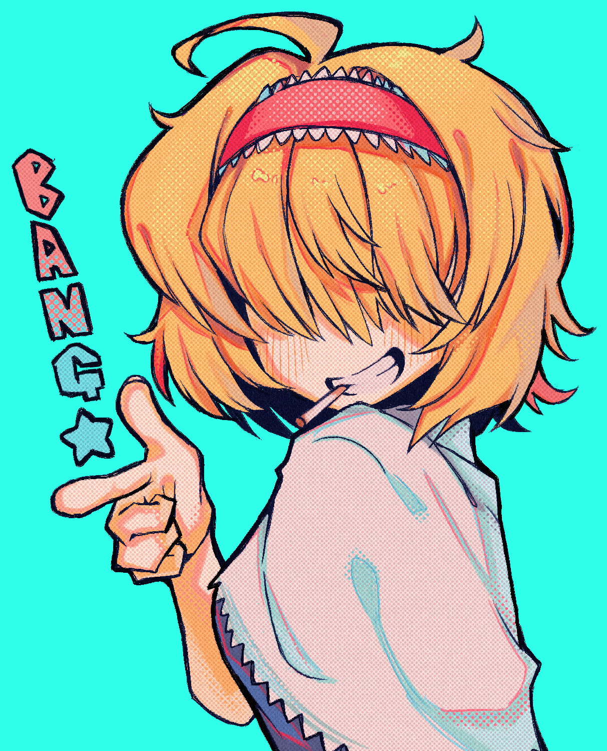 melanin shikiso, alice margatroid, jigen (cookie), cookie (touhou), touhou, commentary request, highres, 1girl, ahoge, bang (gesture), blonde hair, blue background, blush, capelet, cigarette, finger gun, frilled hairband, frills, grin, hair over eyes, hairband, long bangs, red hairband, short hair, simple background, smile, solo, upper body, white capelet
