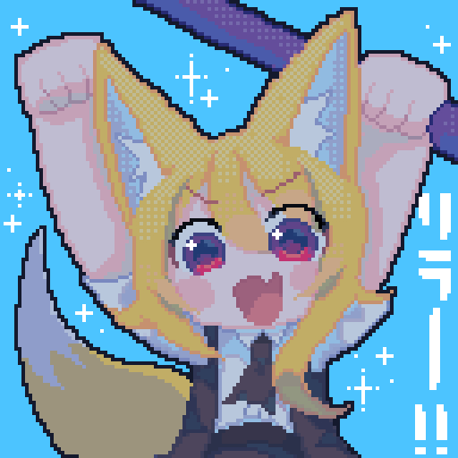 melanin shikiso, miramikaru riran, cookie (touhou), commentary request, 1girl, :d, animal ear fluff, animal ears, arms up, ascot, blonde hair, blue background, blush, brown ascot, brown vest, fang, fox ears, fox girl, fox tail, hair between eyes, holding, holding stick, looking at viewer, medium hair, open clothes, open mouth, open vest, pixel art, red eyes, shirt, short sleeves, simple background, skin fang, smile, solo, sparkle, stick, tail, upper body, v-shaped eyebrows, vest, white shirt