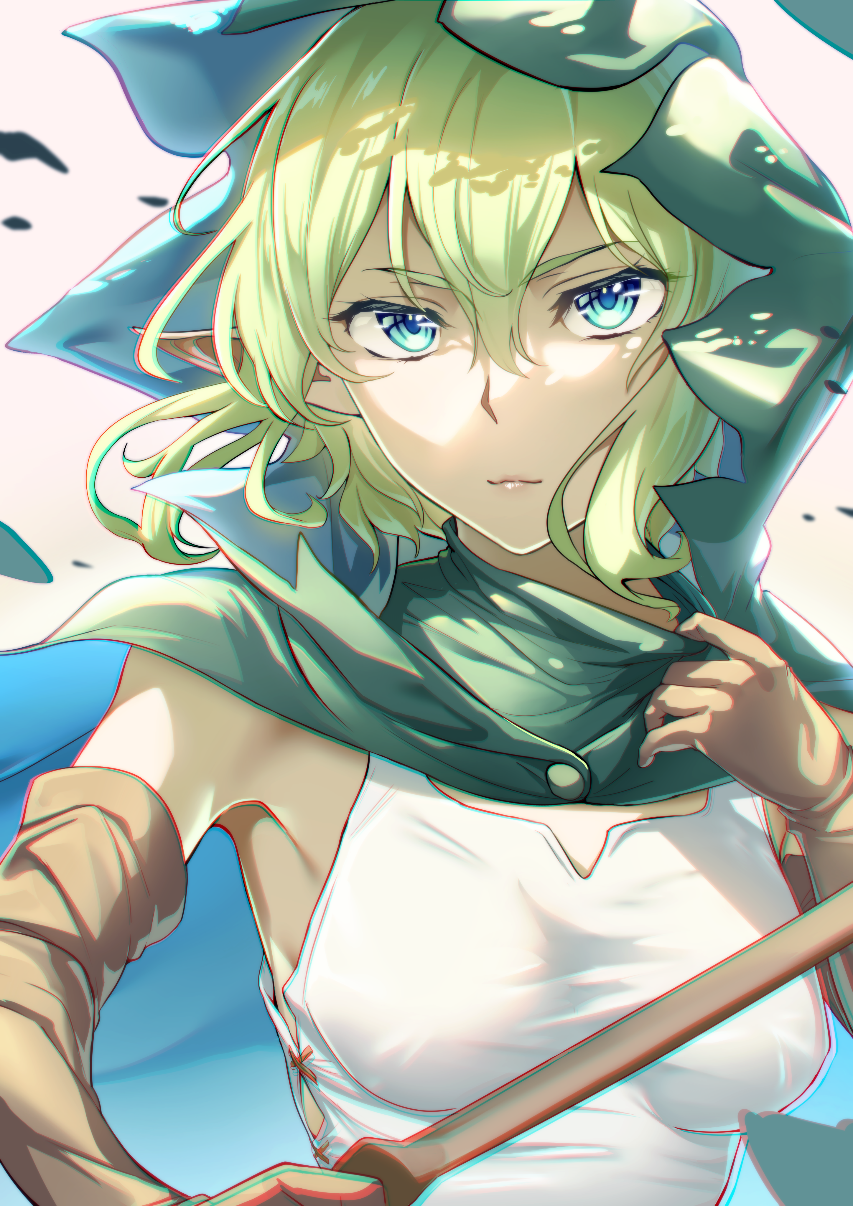 noshiro tomoya, ryu lion, dungeon ni deai wo motomeru no wa machigatteiru darou ka, absurdres, highres, 1girl, blonde hair, blue eyes, breasts, brown gloves, cape, closed mouth, elbow gloves, elf, falling petals, gloves, green cape, green hair, green hood, hood, hood up, hooded cape, light smile, looking at viewer, medium breasts, petals, pointy ears, shirt, short hair, simple background, sleeveless, sleeveless shirt, solo, sword, upper body, weapon, white shirt, wooden sword