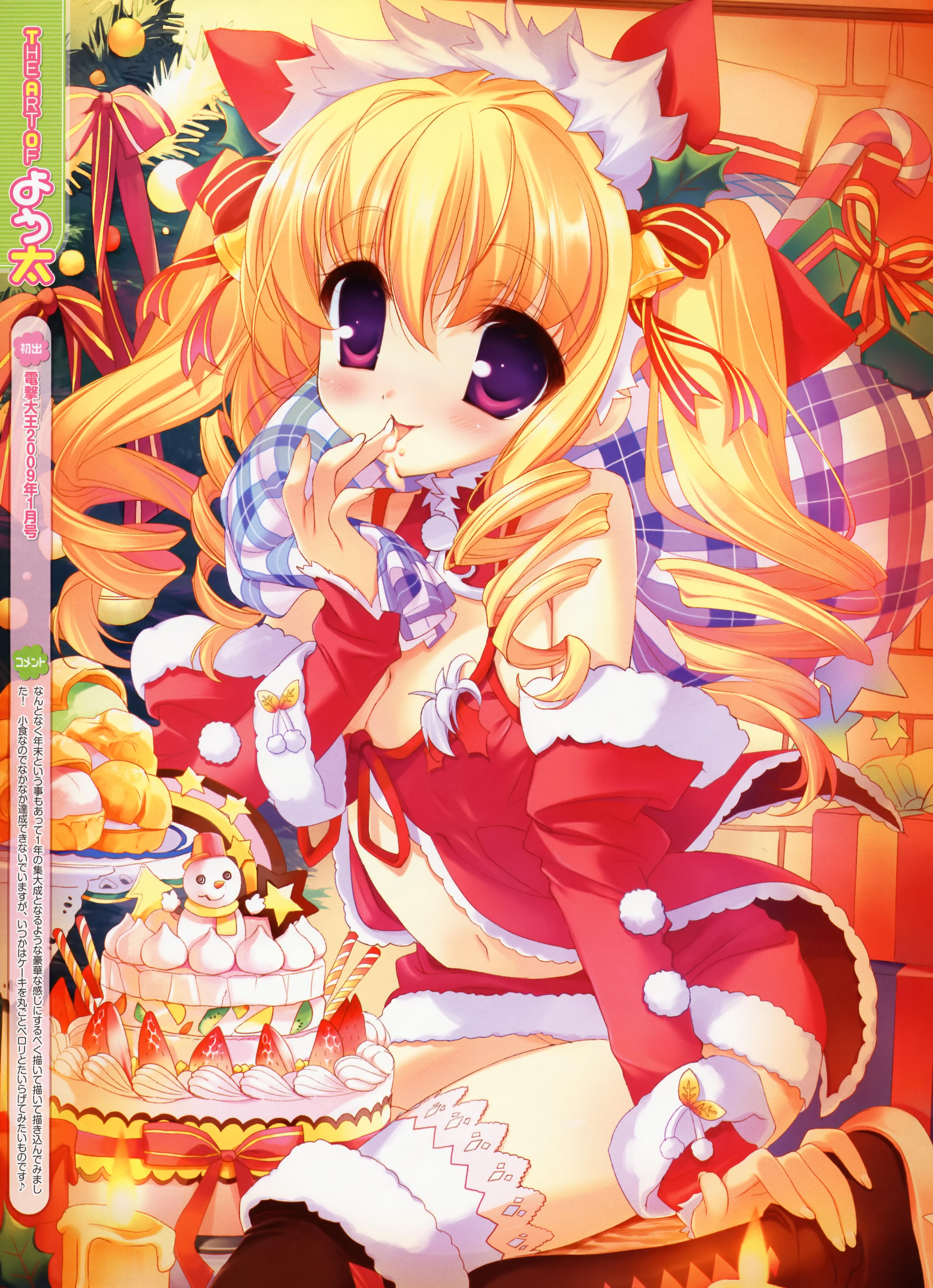 youta, plaid, absurdres, character request, highres, scan, source request, 1girl, artist name, bare shoulders, bell, blonde hair, blush, boots, box, breasts, cake, candle, candy, candy cane, christmas, cleavage, cream, drill hair, female focus, food, food on face, front-tie top, fruit, gift, gift box, hair bell, hair ornament, hair ribbon, holly, licking, looking at viewer, miniskirt, navel, pastry, purple eyes, ribbon, sack, santa costume, sidelocks, skirt, snowman, solo, strawberry, thigh boots, thighhighs, tongue, tongue out, twintails, white thighhighs