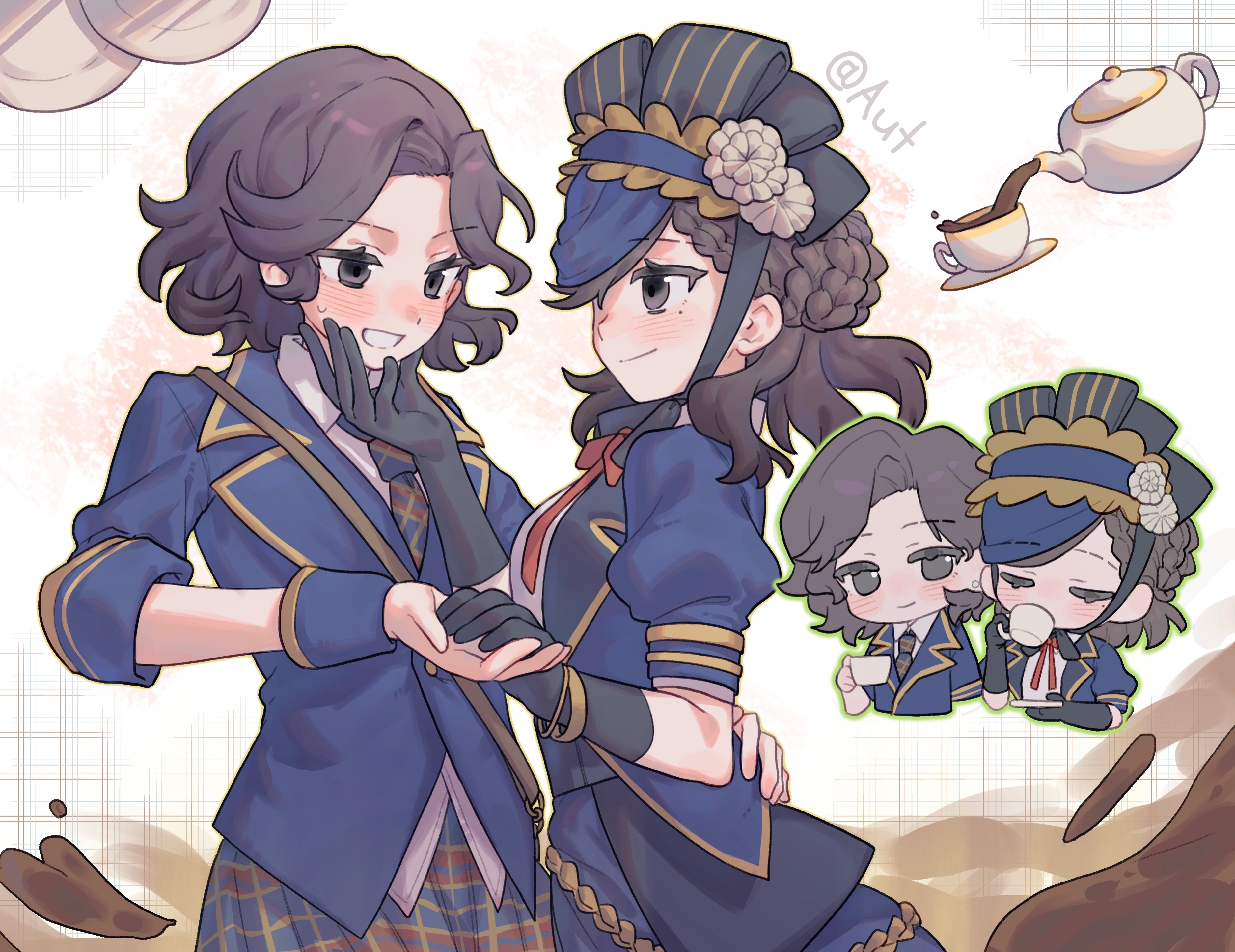margaretha zelle, margaretha zelle ("swan"), vera nair, identity v, absurdres, artist request, commission, highres, second-party source, 2girls, black eyes, black gloves, black hair, blue jacket, blue skirt, blush, braid, brown hair, chibi, chibi inset, closed eyes, closed mouth, coffee, collared shirt, cup, elbow gloves, flower, gloves, grin, hand on another's face, hand on another's waist, hat, holding, holding cup, holding hands, jacket, looking at another, mole, mole under eye, multiple girls, multiple views, neck ribbon, necktie, nervous smile, plaid clothes, plaid skirt, puffy short sleeves, puffy sleeves, red ribbon, ribbon, shirt, short hair, short sleeves, skirt, smile, sweat, teacup, white background, white shirt, wrist cuffs, yuri
