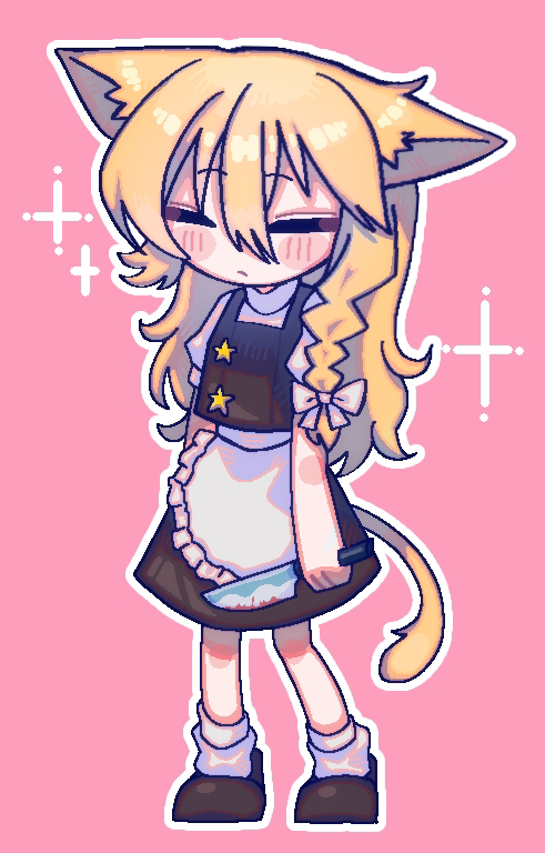 melanin shikiso, kirisame marisa, suzu (cookie), cookie (touhou), touhou, commentary request, 1girl, animal ears, apron, black shoes, black skirt, black vest, blonde hair, blush, bow, braid, cat ears, cat girl, cat tail, closed eyes, closed mouth, expressionless, frilled apron, frills, full body, hair between eyes, hair bow, holding, holding knife, kemonomimi mode, knife, long bangs, long hair, pink background, shirt, shoes, side braid, simple background, single braid, skirt, skirt set, socks, solo, sparkle, standing, star (symbol), tail, vest, waist apron, white apron, white shirt, white socks