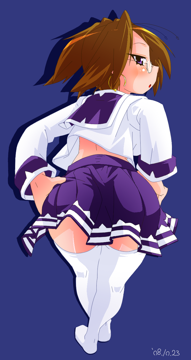 yakuta tetsuya, original, highres, 1girl, brown hair, earrings, female focus, glasses, jewelry, looking back, purple eyes, school uniform, short hair, solo, thighhighs