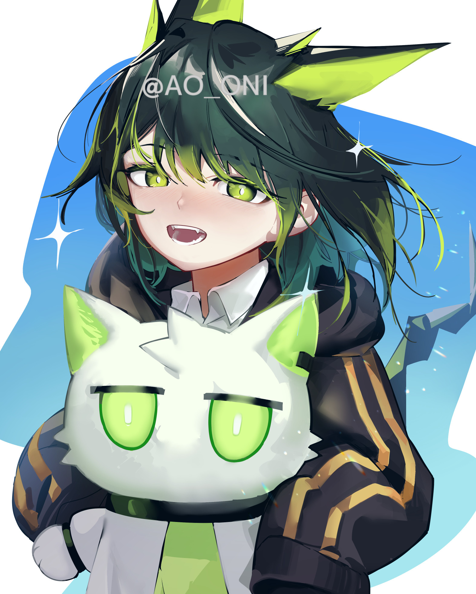 ao oni (onioni-aoi), kal'tsit (arknights), mon3tr (arknights), arknights, commentary request, highres, 1girl, animal ears, artist name, character doll, doll, green eyes, green hair, jacket, open mouth, solo, watermark