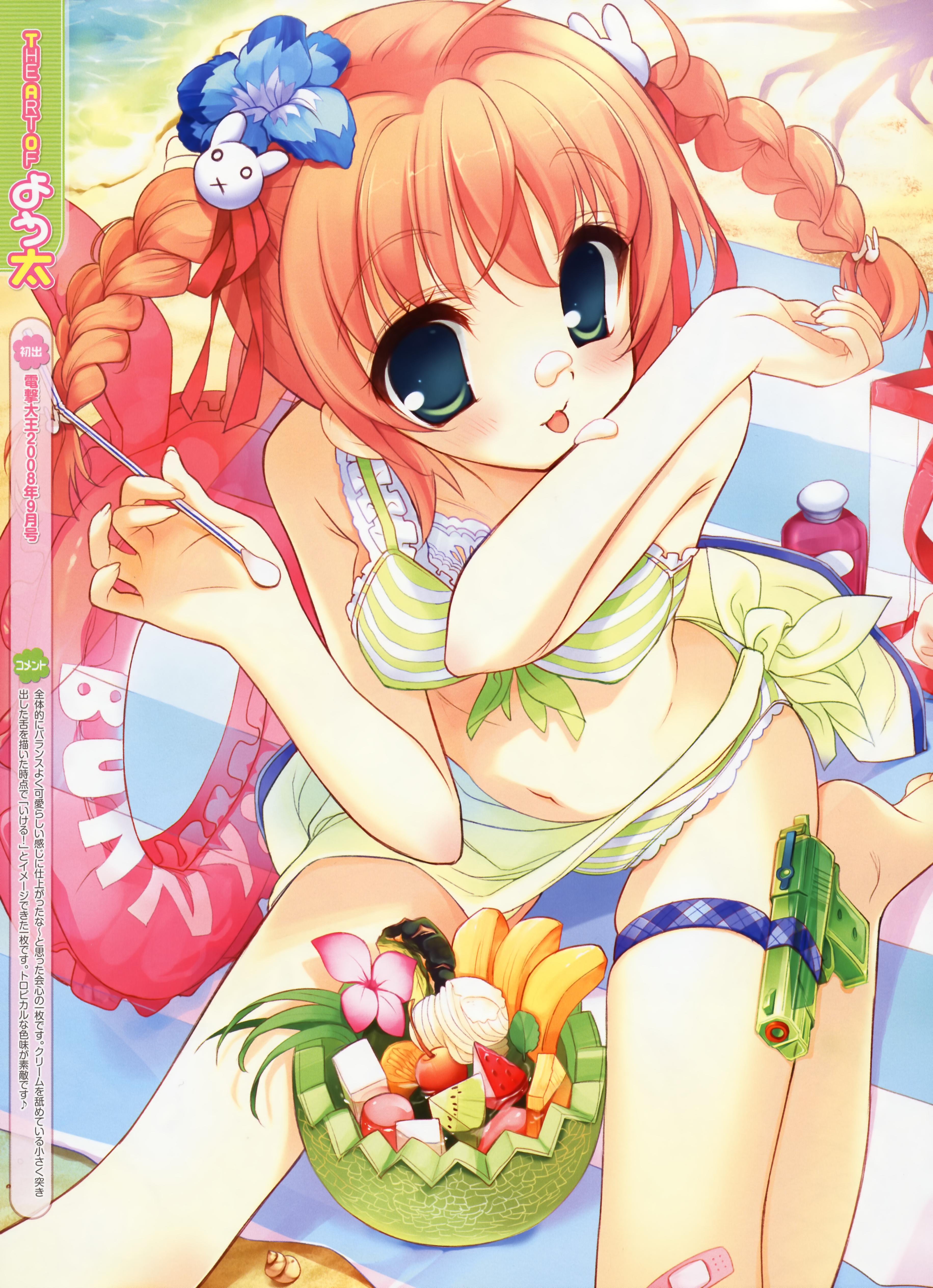 youta, absurdres, character request, highres, source request, 1girl, barefoot, bikini, blush, braid, female focus, food, front-tie top, fruit, green eyes, holster, innertube, looking at viewer, orange hair, sarong, solo, striped bikini, striped clothes, swim ring, swimsuit, thigh holster, tongue, twin braids, water gun