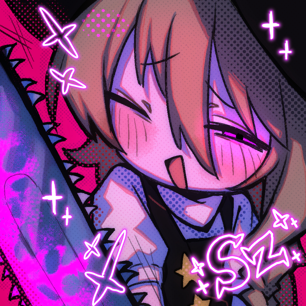 melanin shikiso, kirisame marisa, suzu (cookie), cookie (touhou), touhou, commentary request, 1girl, :d, black vest, blood, blush, chainsaw, character name, hair between eyes, halftone, holding, holding chainsaw, long bangs, long hair, looking at viewer, one eye closed, open mouth, pink blood, pink eyes, red background, shirt, short sleeves, smile, solo, star (symbol), unusually open eyes, upper body, vest, white shirt
